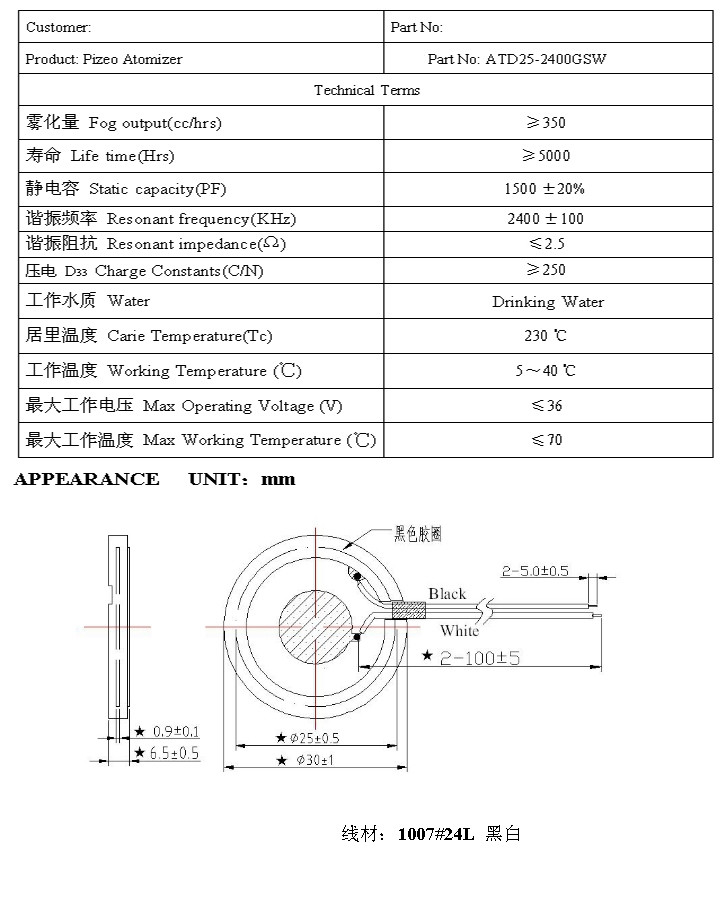 超聲波霧化換能片參數圖